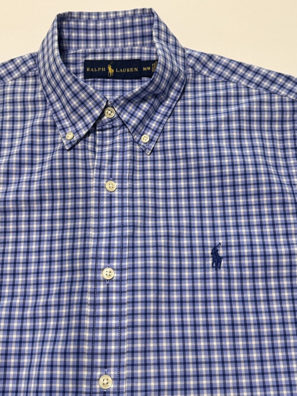Polo Ralph Lauren Mens Medium Short Sleeve Button Down Shirt Blue Gingham Check